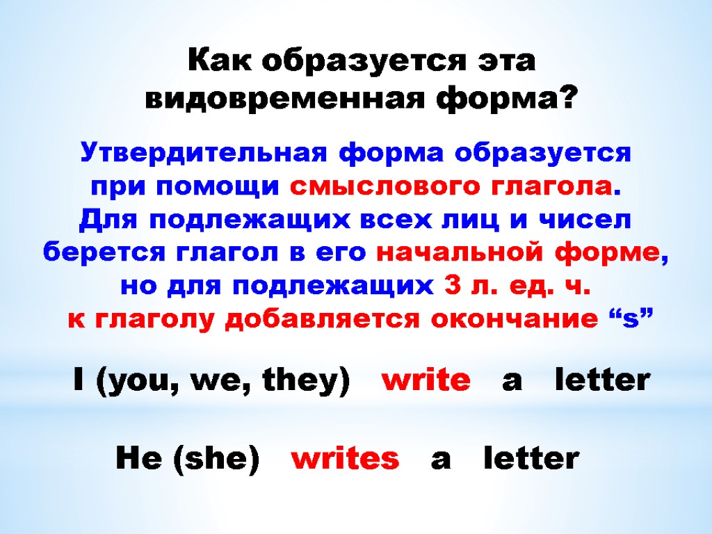 Как образуется эта видовременная форма? Утвердительная форма образуется при помощи смыслового глагола. Для подлежащих